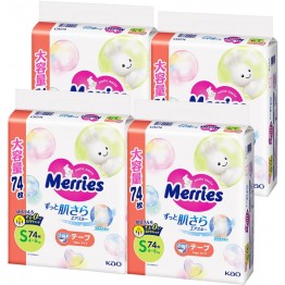 Merries 花王 尿片 細碼 S 74片 ⭐日本JUMBO版⭐ 4-8kgs | 原箱優惠x4包裝, 低至$102/包($1.38/片) 